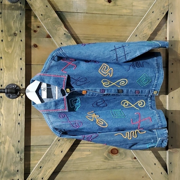 Vintage Tops - VINTAGE JEAN DENIM SHACKET BUTTONDOWN SHIRT LARGE 80s 90s ART DECO EMBROIDERED